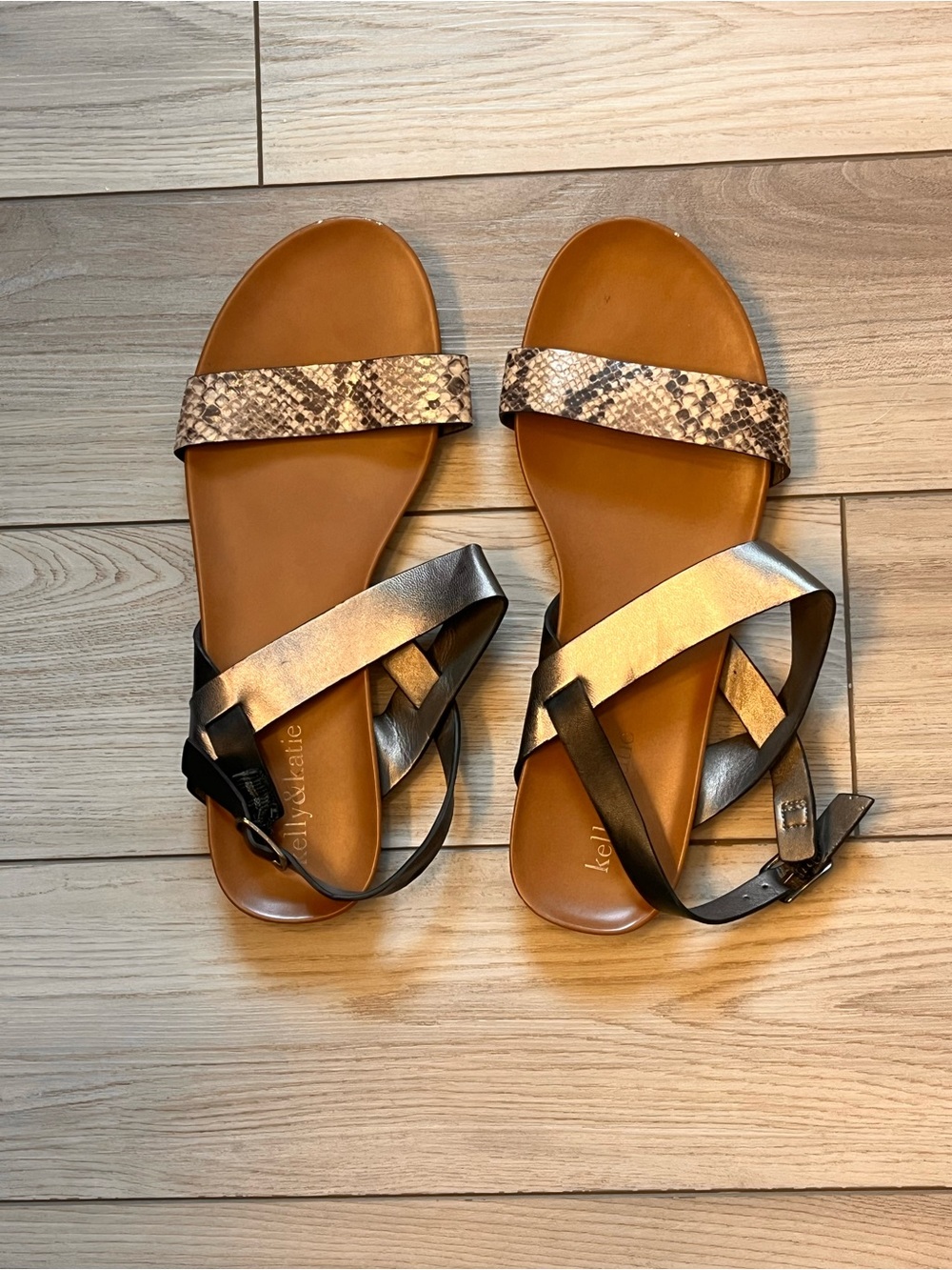 Kelly & Katie Tan Footbed Sandals with Metallic and Snake-Print Straps